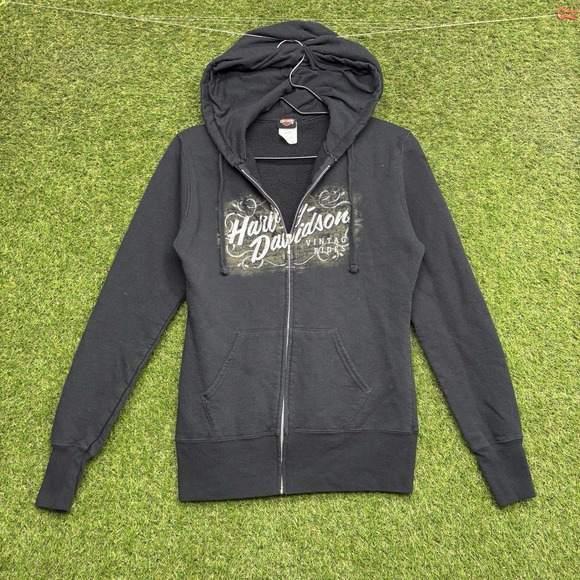 Harley-Davidson Tops - Harley-Davidson Hoodie Womens Small Vintage Rides Full Zip Black Sweatshirt Y2K